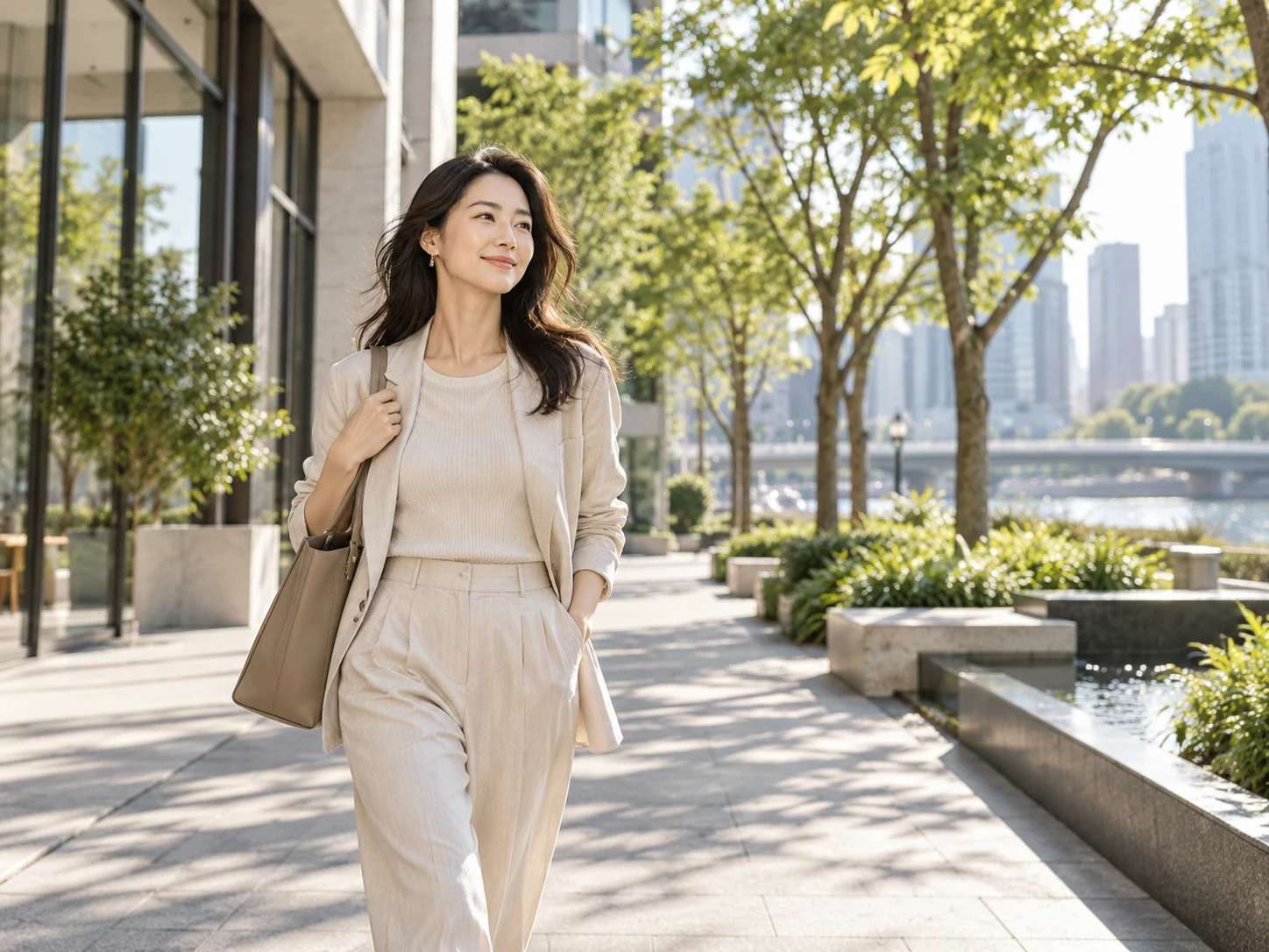 햇살 아래 도심 산책로를 걷는 여성